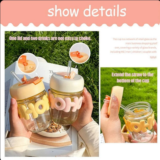 HoHo Glass Mug Shaker with Silicone Holster, Lid & Straw, Juice, and Smoothies, BPA Free & Leak-Proof