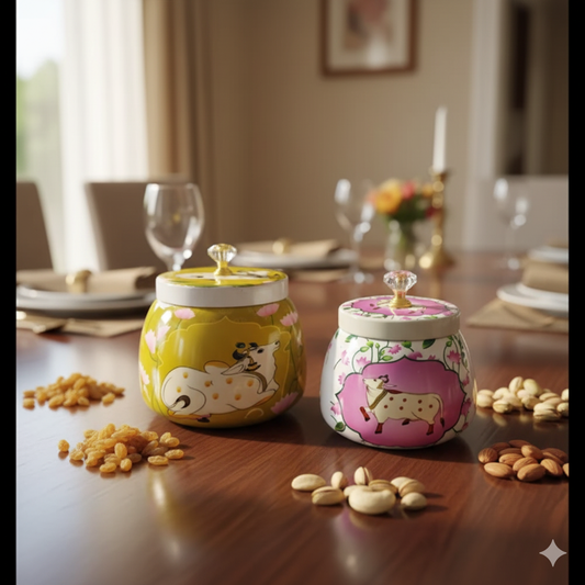 Elegant Pichwai print dry fruit container – a perfect blend of tradition and utility
