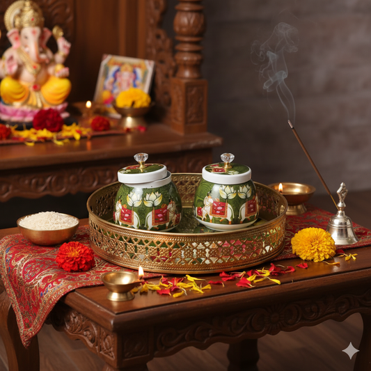 Pichwai Print Round Tray with Two Jars – a perfect blend of tradition and utility