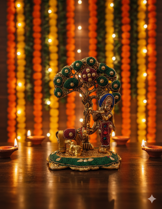 Metal Krishna with Cow under Tree – serene divine décor for your home.