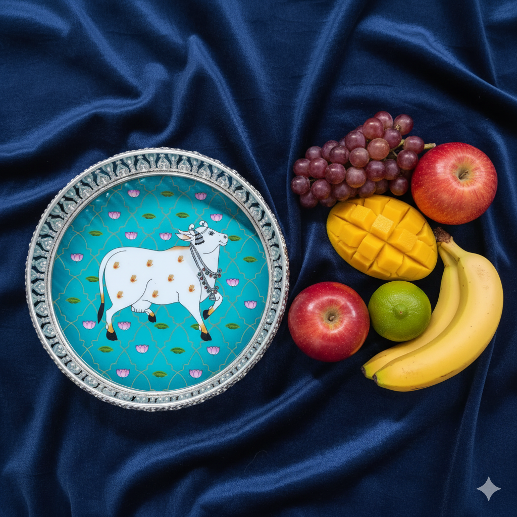 Elegant Pichwai print round tray – a blend of tradition and functionality for stylish serving.