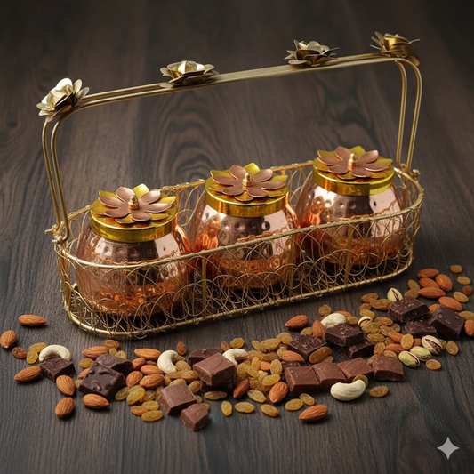 Set of Three Jars with Elegant Mesh Basket – perfect for stylish storage & serving.