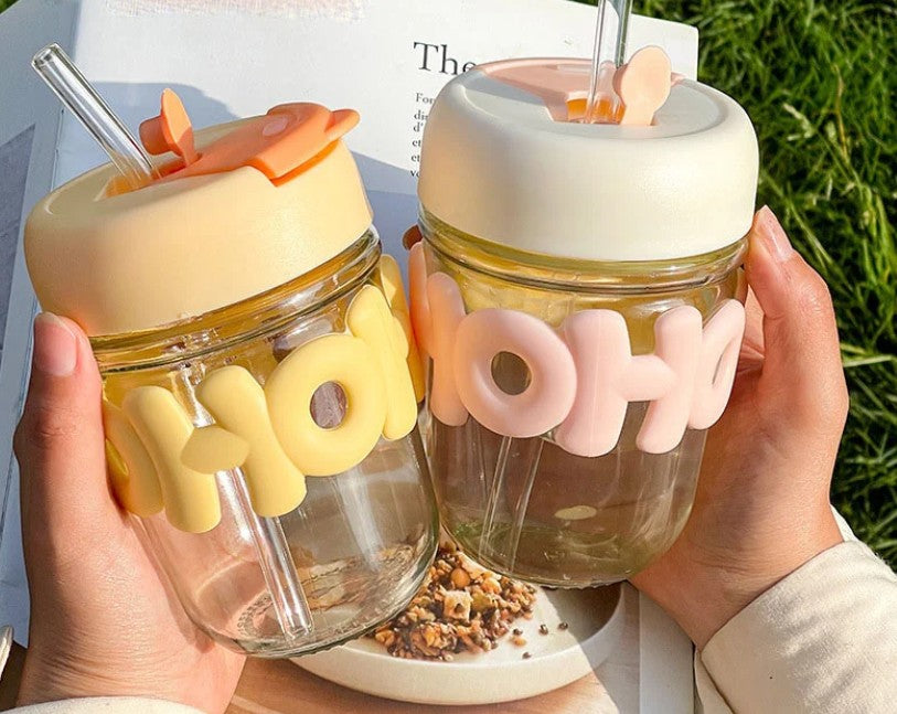 HoHo Glass Mug Shaker with Silicone Holster, Lid & Straw, Juice, and Smoothies, BPA Free & Leak-Proof